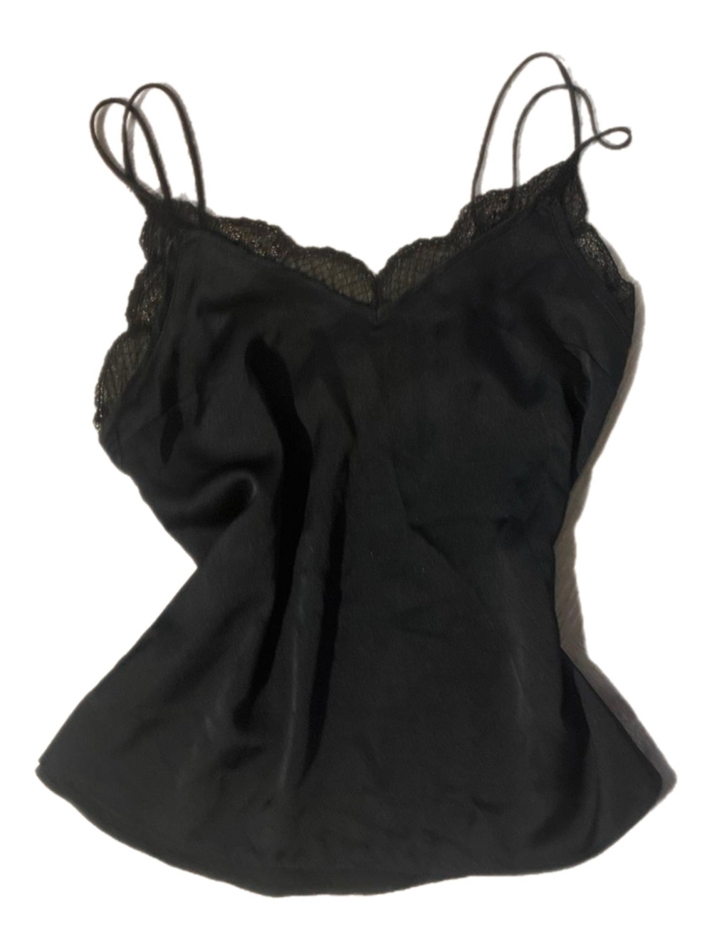 A&F Black Lace-Trim Silk Cami, 3 Button Detail On Back, Adjust Dbl Strap, Sz L